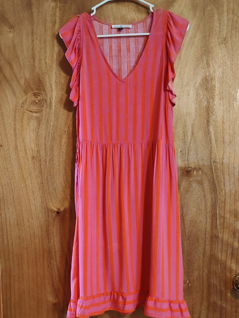 Michelle McDowell Striped Sundress Pink Orange Ruffle Hem Flutter Sleeve Size L